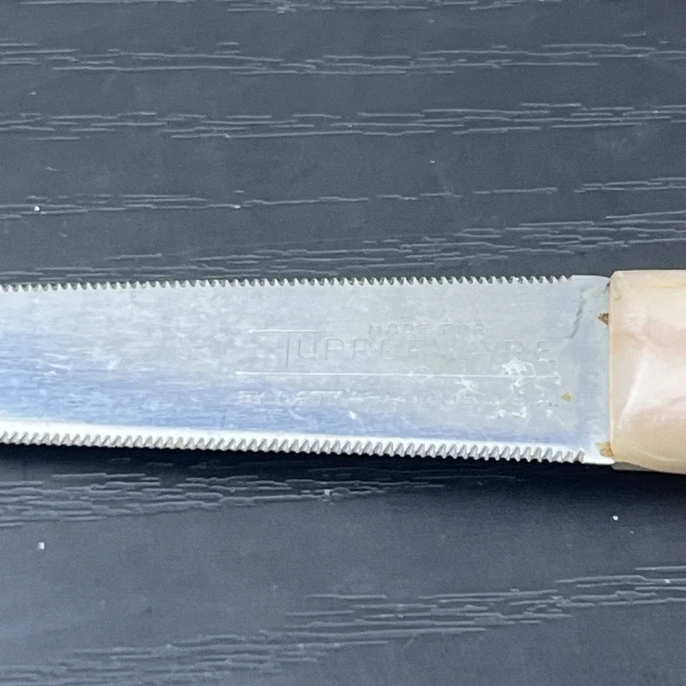 Vintage Cattaraugus for Tupperware 3 Prong Serving Knife Pink Marble Handle USA